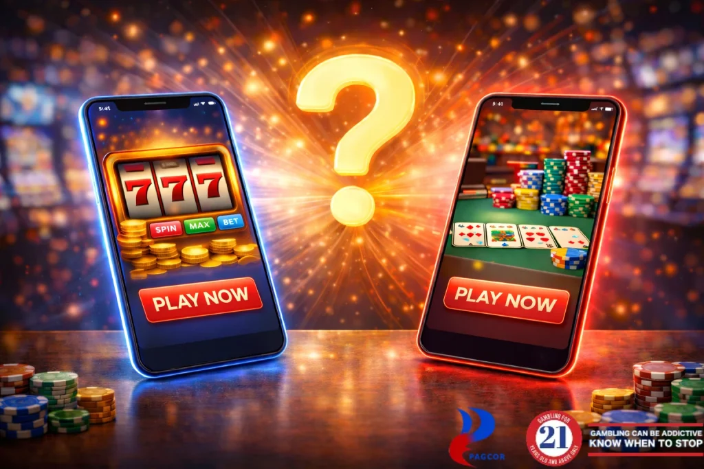 Two smartphones displaying online casino games, one showing a slot machine and the other a live casino table with cards and chips