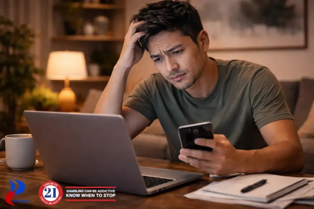 A man sitting at a table looks at his smartphone while working on a laptop, appearing thoughtful as he reviews information at home.