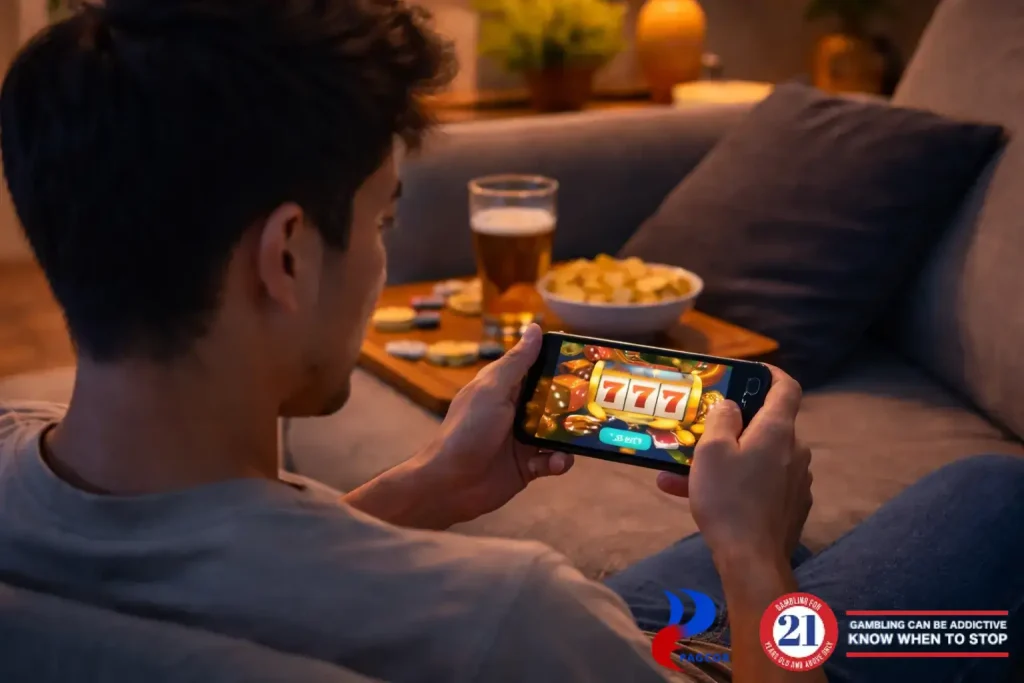 A person playing an online slot game on a mobile phone at home, representing mobile casino gaming.