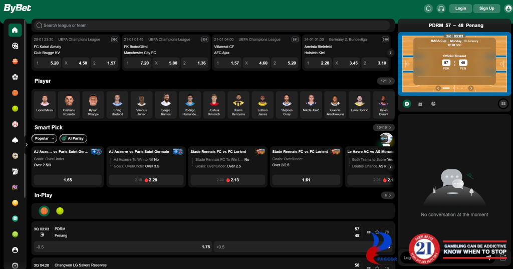 ByBet online sports betting dashboard displaying live match odds, popular player picks, smart betting suggestions, and an in-play basketball score.