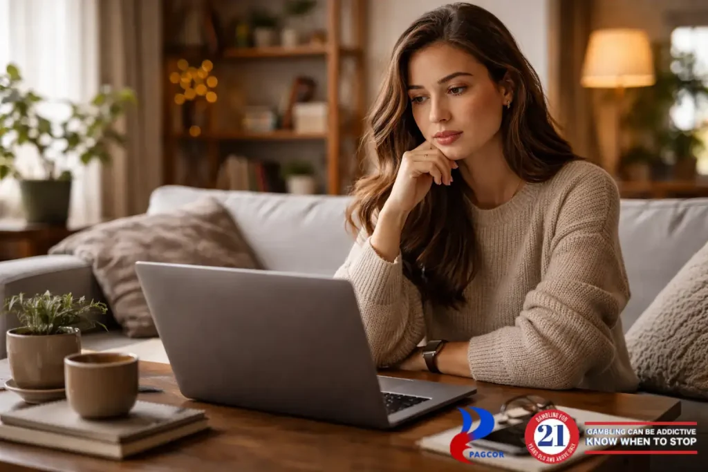 A woman working on a laptop at home in a comfortable living room setting, researching information online.
