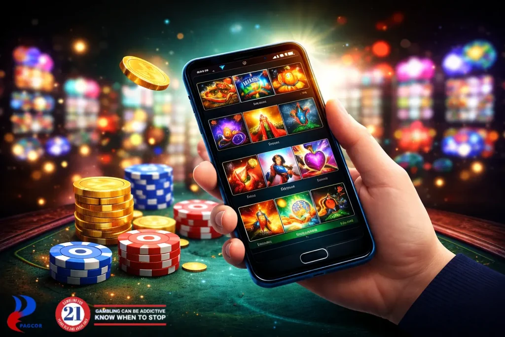 A smartphone displaying online casino games with slot-style visuals, poker chips, and a modern gaming interface.