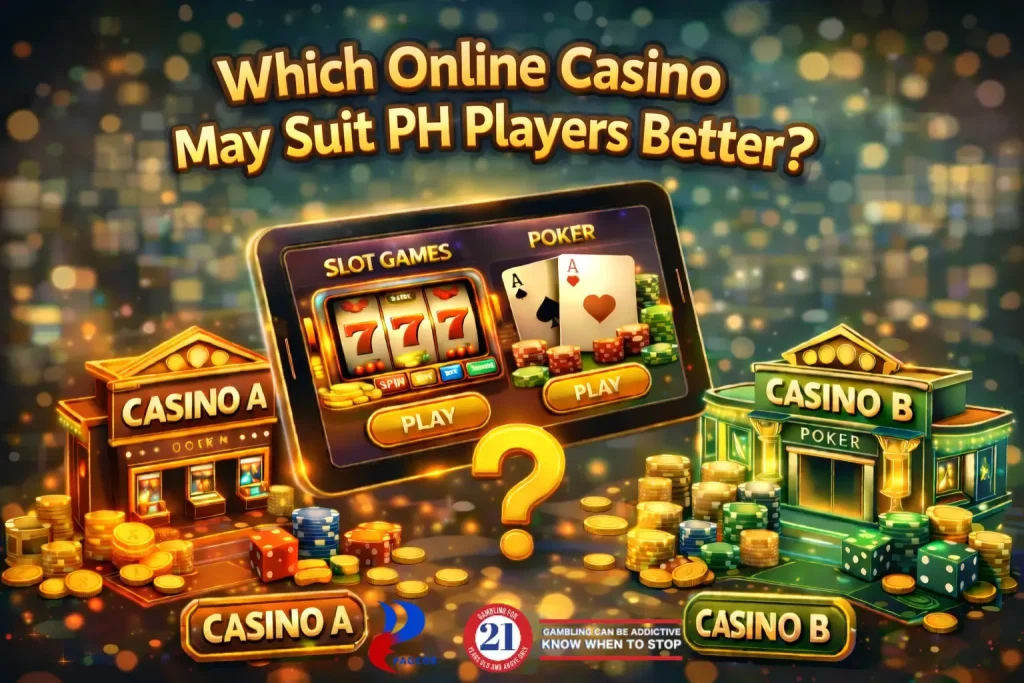 Online casino comparison for PH players featuring Casino A vs Casino B with slot games, poker tables, and casino user interface.