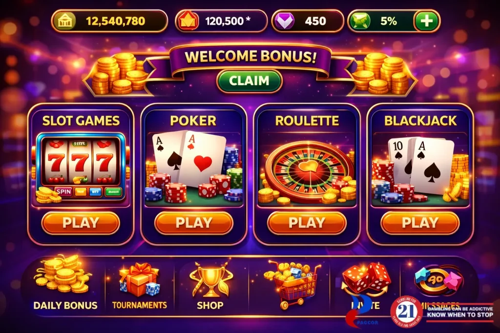 Online casino user interface showing slot games and poker dashboard with betting buttons and gaming layout.