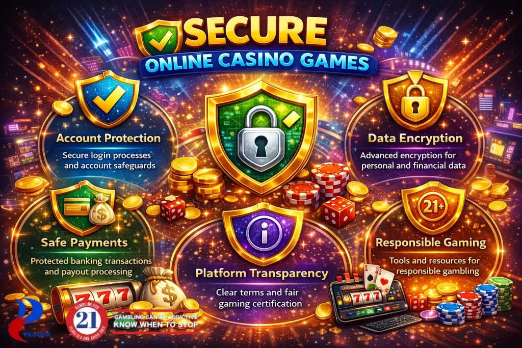 Graphic showing online casino security features, including encrypted data, secure payments, account protection, and responsible gaming tools.