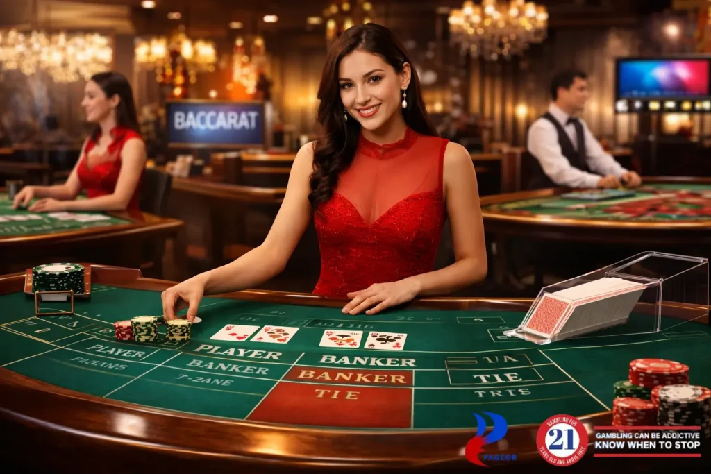 Live baccarat casino dealer dealing cards at a professional gaming table with chips and playing cards in an elegant online casino setting.