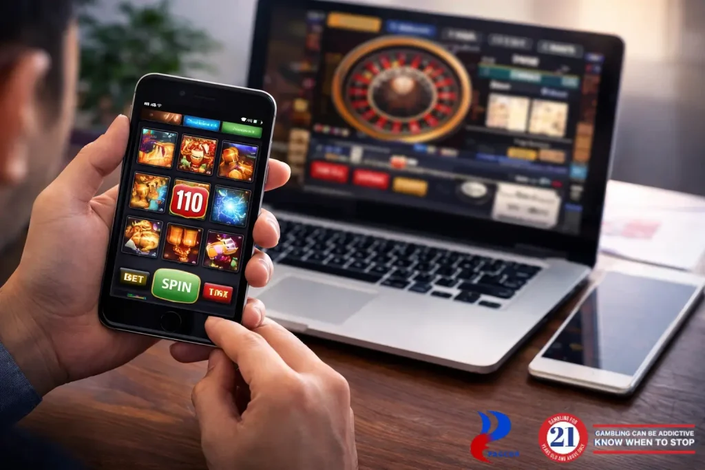 Online casino games accessed on smartphone, laptop, and tablet devices.
