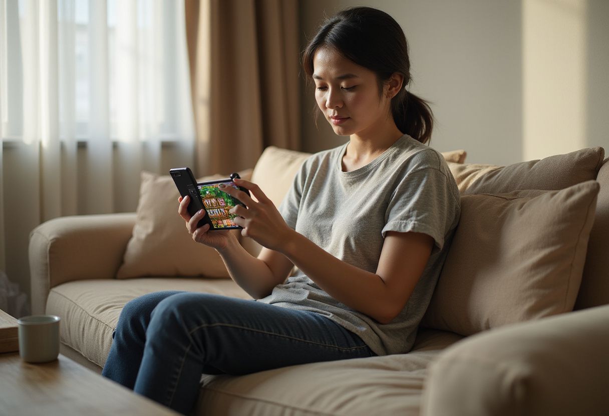A woman focuses on her smartphone displaying a slot game win. A woman focuses on her smartphone displaying a slot game win.