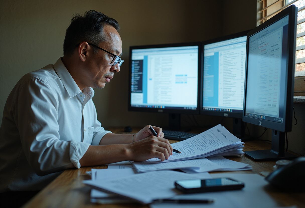 A focused man conducts a KYC audit in a cluttered office. A focused man conducts a KYC audit in a cluttered office.