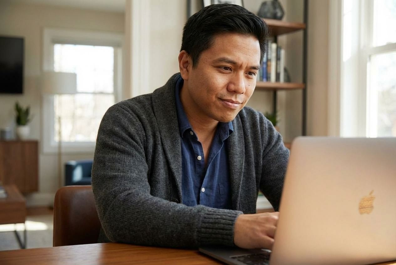 A person of Filipino descent reviewing online casino options on a laptop in a well-lit home office. A person of Filipino descent reviewing online casino options on a laptop in a well-lit home office.