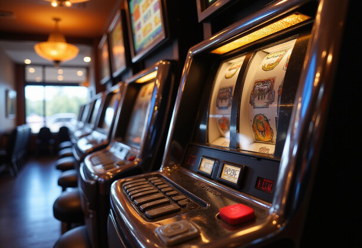 Close-up of a vibrant slot machine in a casino. Close-up of a vibrant slot machine in a casino.