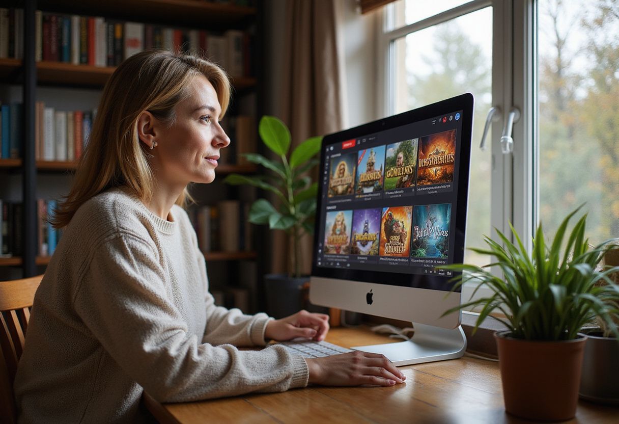 A woman focused on online slot games in her home office. A woman focused on online slot games in her home office.