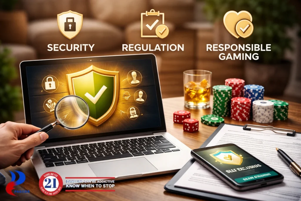 Concept image representing online casino security, gambling regulation, and responsible gaming practices for players using online casinos in the Philippines