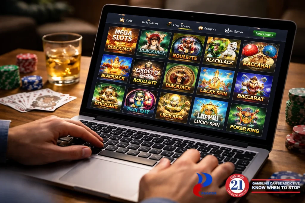 Laptop displaying a wide selection of online casino games, including blackjack, roulette, and slots, illustrating game variety available at online casinos in the Philippines