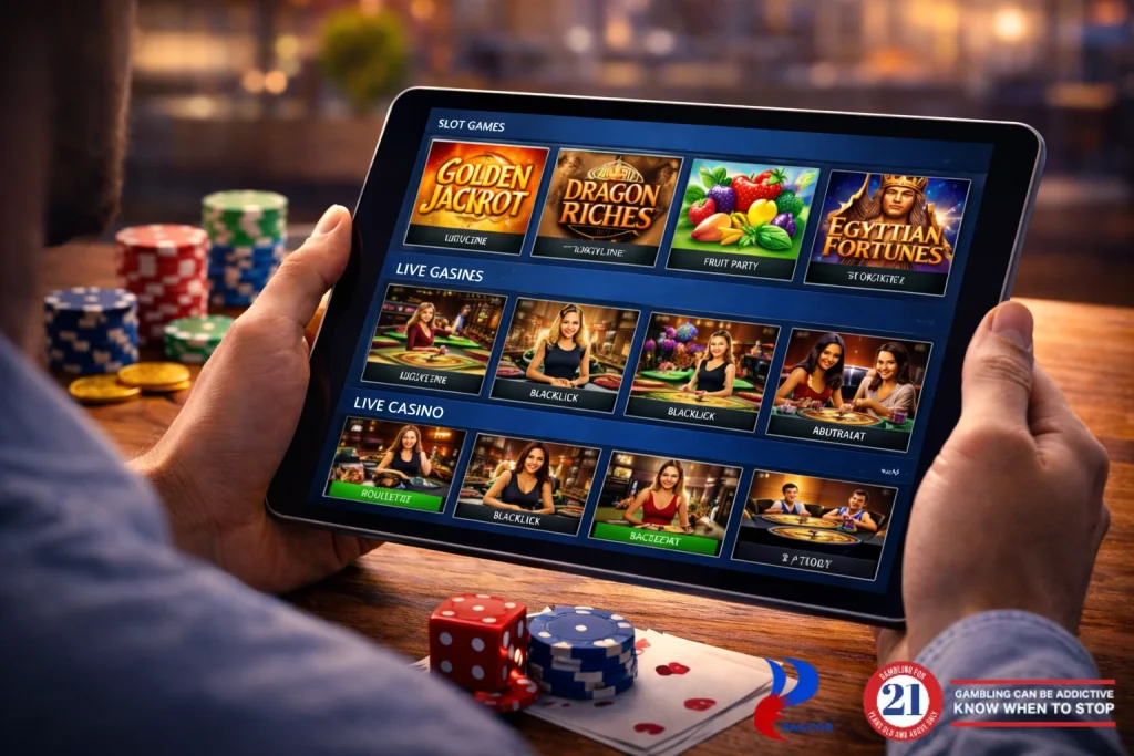 Online casino game selection and variety shown on a digital device with slots and gaming options