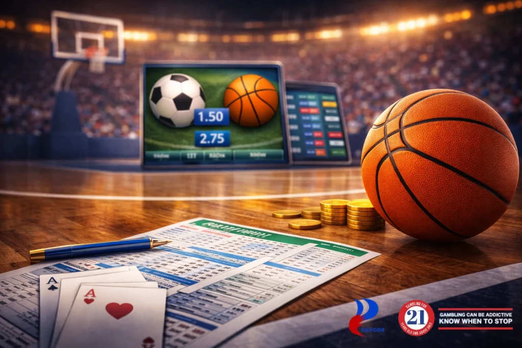 Online sports betting for Filipino players with basketball court betting slip and sportsbook odds illustration