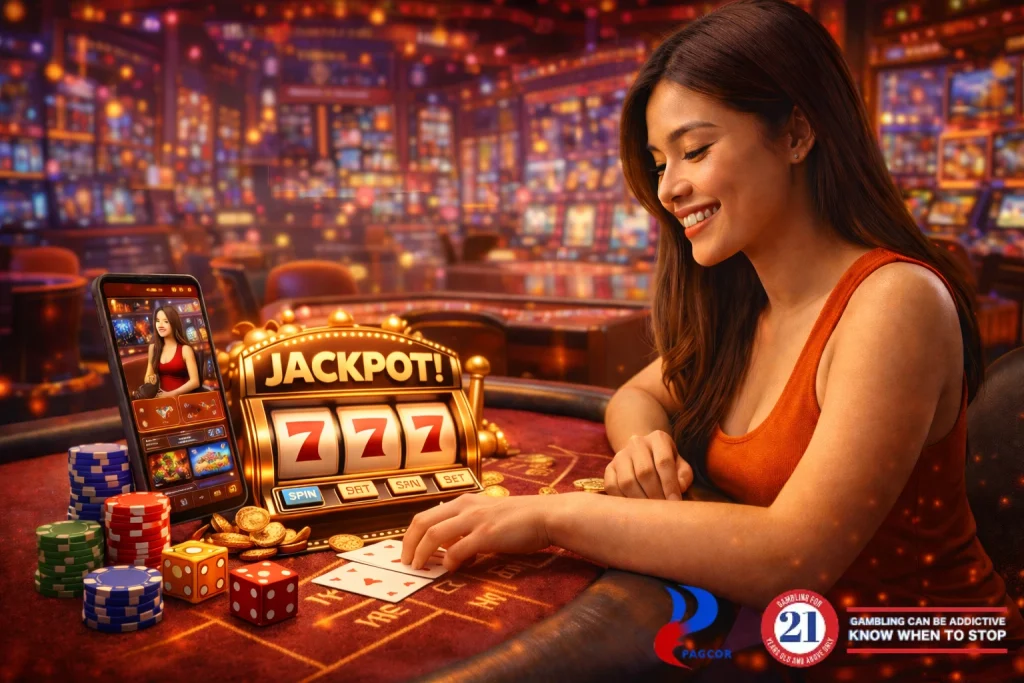 Online casino gaming platform showing slots, live dealer games, roulette, poker chips, and mobile online gambling experience