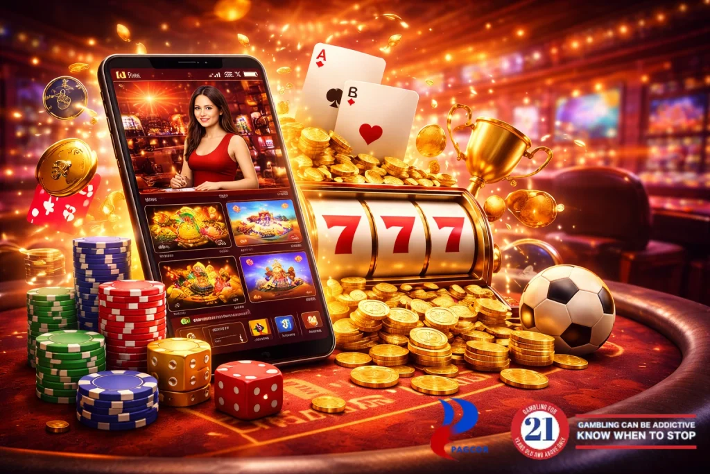 Online casino gaming platform showing slots, live dealer games, roulette, and mobile gambling experience