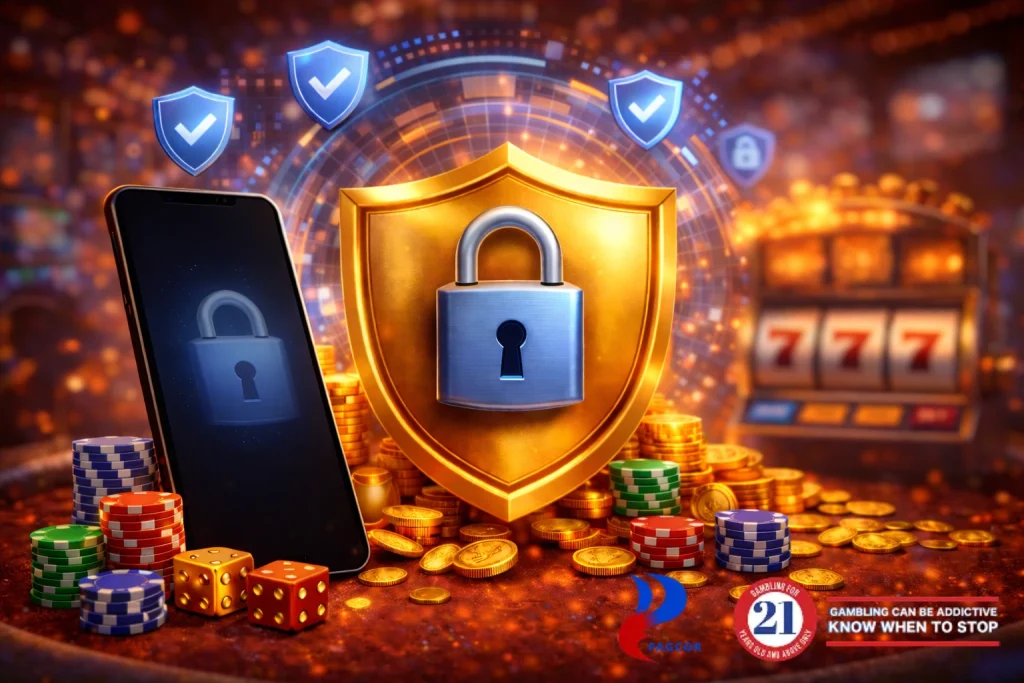 Secure online casino platform showing mobile gambling protected by digital security lock and encryption features